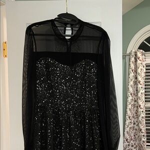 Black Sequin Mesh Overlay Evening Dress
